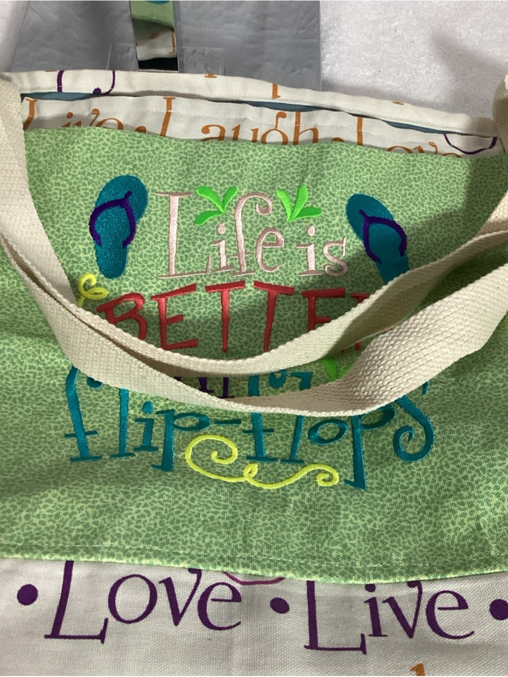 Live Laugh Love Cloth Canvas Shopper Tote “Life is Better in Flip Flops” NWOT - Picture 10 of 12